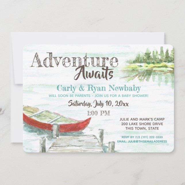 Adventure Awaits Lake und Canoe Baby Shower Einladung (Vorderseite)