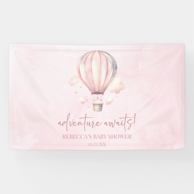 Adventure Awaits! Pink Hot Air Balloon Baby Shower Banner (Horizontal)