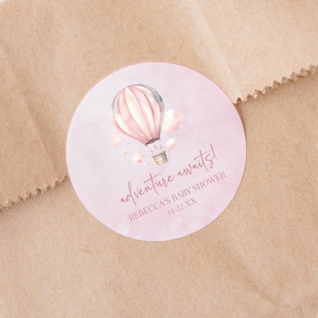 Adventure Awaits! Pink Hot Air Balloon Baby Shower Runder Aufkleber (Von Creator hochgeladen)
