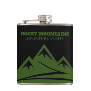 Adventure Awaits Rocky Mountains Logo Sondergeträn Flachmann