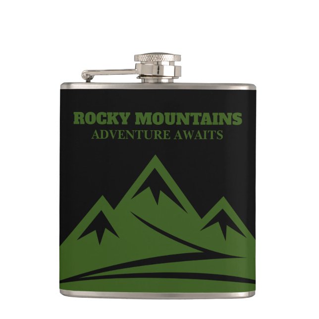 Adventure Awaits Rocky Mountains Logo Sondergeträn Flachmann (Vorderseite)