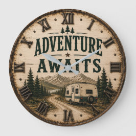 Adventure Awaits Rustic Camper Camping Mountain Große Wanduhr