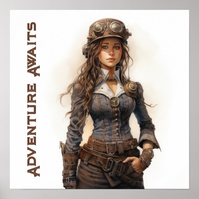 Adventure Awaits Steampunk Young Woman Poster (Vorne)