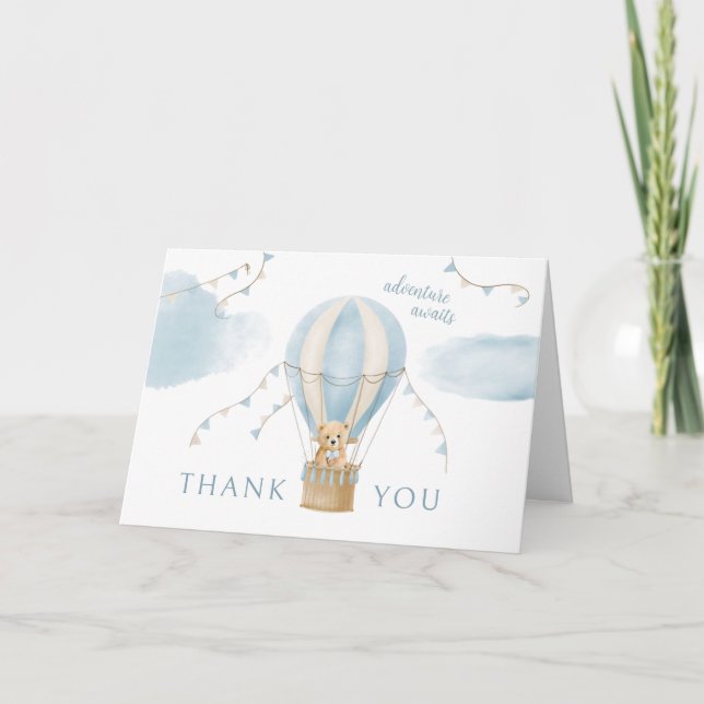 Adventure Awaits Teddy Bear Balloon Baby Shower Dankeskarte (Vorderseite)