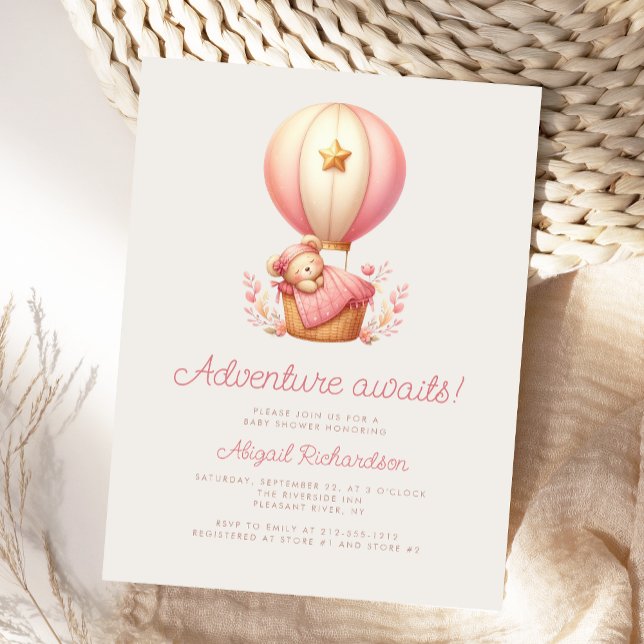 Adventure Awaits Teddy Bear Girl Baby Shower Postkarte (Von Creator hochgeladen)