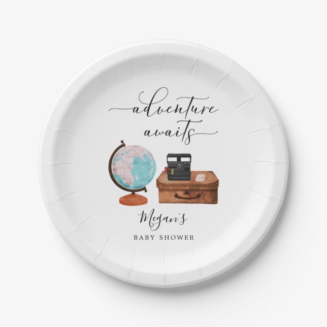 Adventure Awaits Travel Baby Shower Pappteller (Vorderseite)