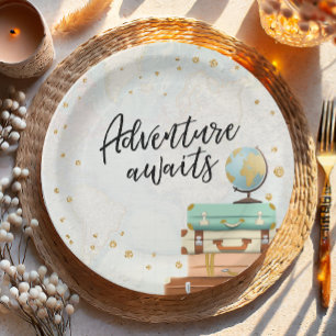 Adventure Awaits Travel Gold Confetti Baby Shower Pappteller