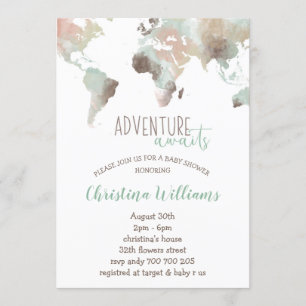 Adventure Awaits Watercolor World Map Kinderdusche Einladung
