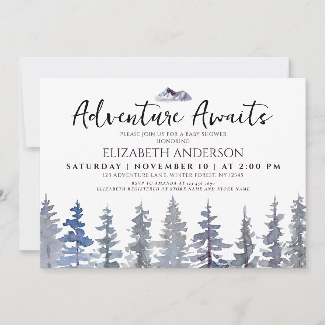 Adventure Awaits Winter Forest Baby Shower  Einladung (Vorderseite)