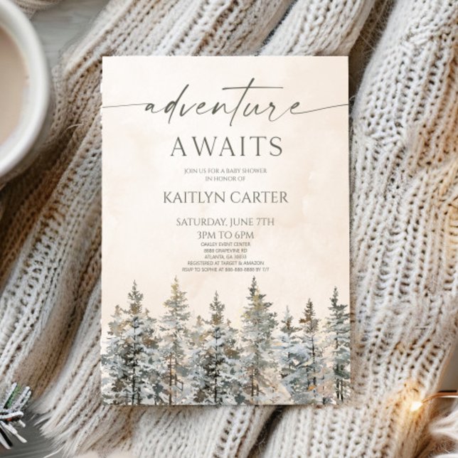 Adventure Awaits Winter Snow Pine Tree Baby Shower Einladung (Von Creator hochgeladen)