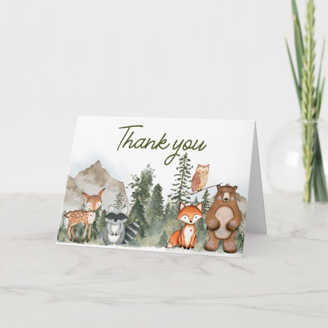 Adventure Awaits Woodland Baby Shower Dankeskarte (Vorderseite)