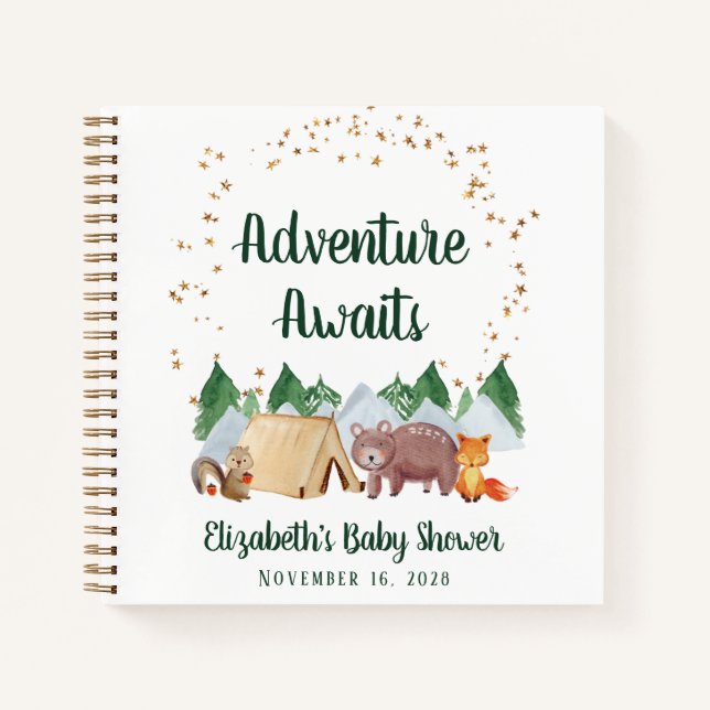Adventure Awaits Woodland Baby Shower Gästebuch Notizbuch (Vorderseite)
