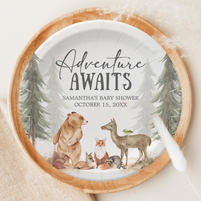 Adventure Awaits Woodland Baby Shower Pappteller (Woodland Baby Shower Paper Plate)