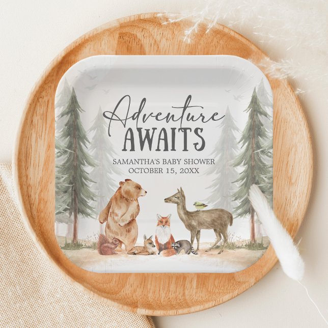 Adventure Awaits Woodland Baby Shower Pappteller (Woodland Baby Shower Paper Plate)