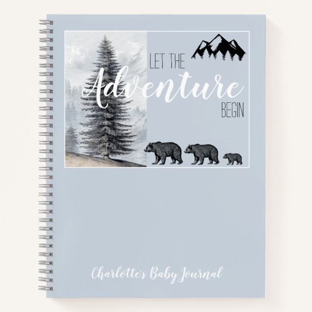 Adventure Awaits Woodland Bear Baby Journal Notizbuch (Vorderseite)