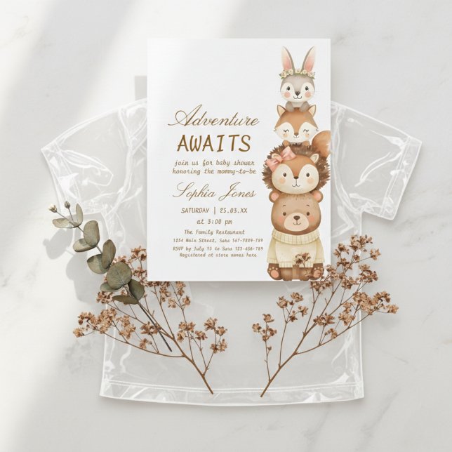 Adventure Awaits Woodland Cute Animals Baby Shower Einladung (Von Creator hochgeladen)