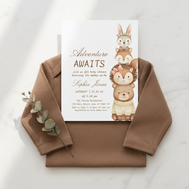 Adventure Awaits Woodland Cute Animals Baby Shower Einladung (Von Creator hochgeladen)