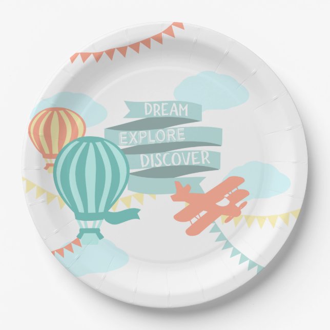 Adventure Baby Shower Airplane und Balloon Pappteller (Vorderseite)