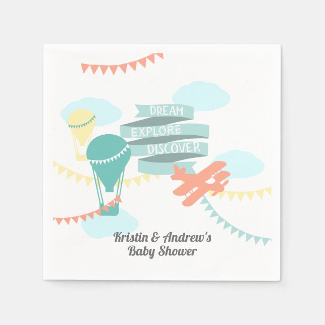 Adventure Baby Shower Airplane und Balloon Serviette (Vorderseite)