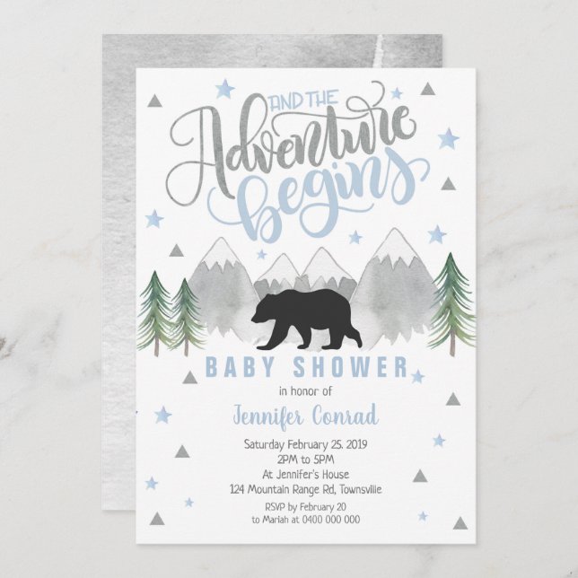 Adventure Baby Shower Einladung, Black Bear Baby Einladung (Vorne/Hinten)