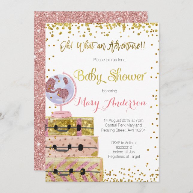 Adventure Baby Shower Einladung Gold Glitzer (Vorne/Hinten)