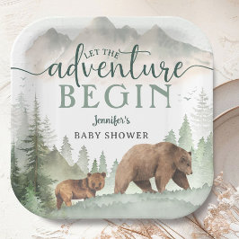 Adventure Begin Baby Shower Bear Woodland Forest Pappteller