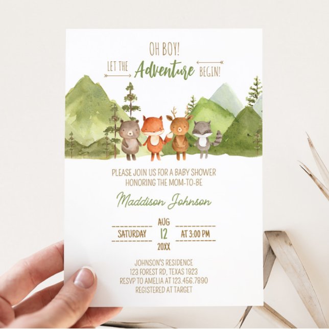 Adventure Begin Forest Mountain Baby Dusche Einladung (Let the Adventure Begin Baby Shower Invitation)