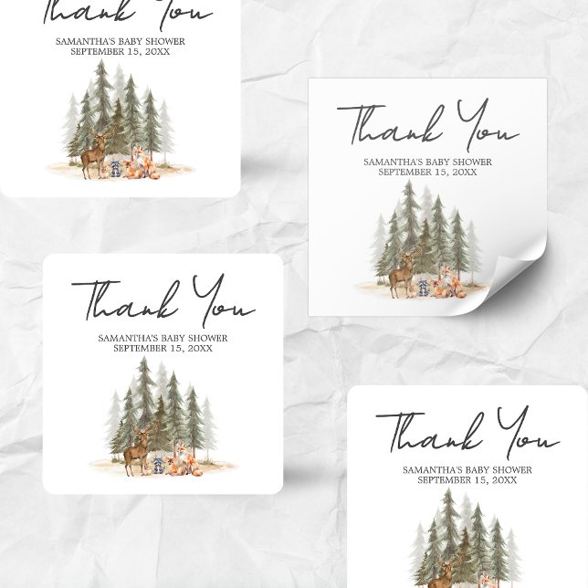 Adventure Begin Woodland Animals Baby Shower Quadratischer Aufkleber (Let the Adventure Begin Woodland Animals Baby Shower Sticker)