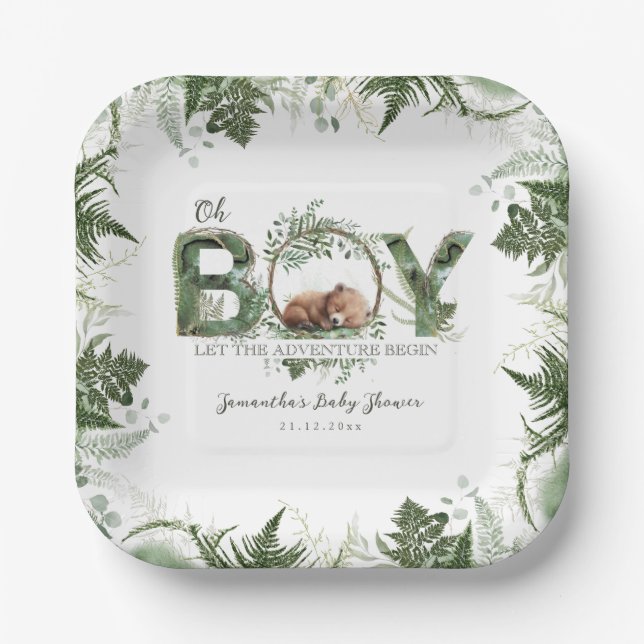 Adventure Begin Woodland Bear Baby Boy Dusche Pappteller (Vorderseite)