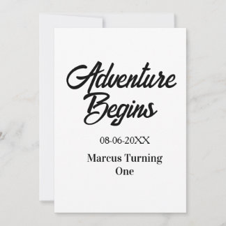 Adventure begins 1st birthday name date simple min einladung