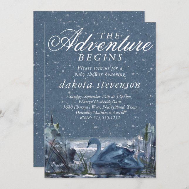 Adventure Begins | Rustic Snowy Blue Baby Showdusc Einladung (Vorne/Hinten)