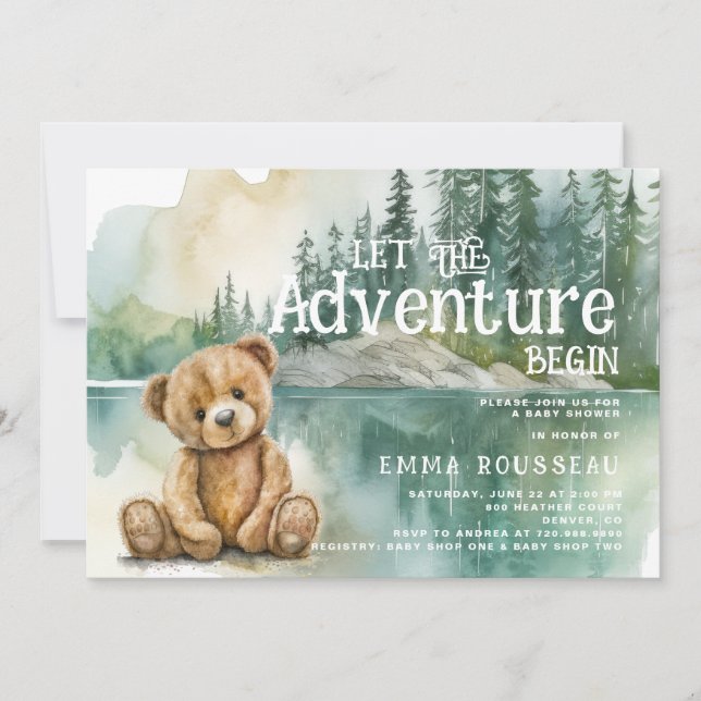 Adventure Begins Teddy Bear Baby Shower Einladung (Vorderseite)