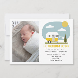 Adventure Begins Yellow Camper Baby Birth Ankündigung