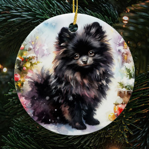 Adventure Black Spitz Watercolor Keramik Ornament