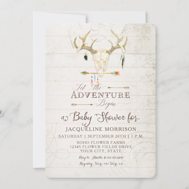 Adventure Boy Baby Shower Teepee Wood Arrows Deer Einladung (Vorderseite)