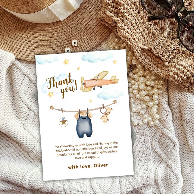 Adventure Clothesline Airplane Sky Baby Shower Dankeskarte (Adventure Clothesline Airplane Sky Baby Shower Thank You Card)