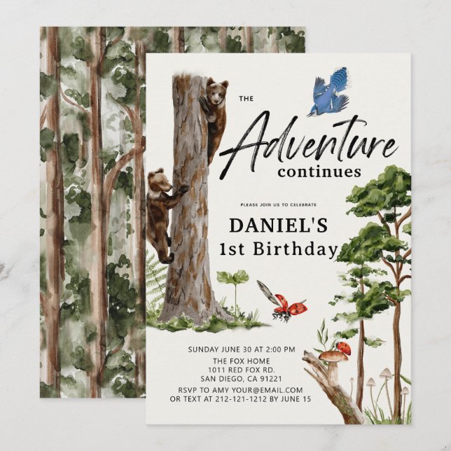 Adventure Continues Bear Forest 1st Birthday Einladung (Vorne/Hinten)