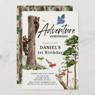 Adventure Continues Bear Forest 1st Birthday Einladung