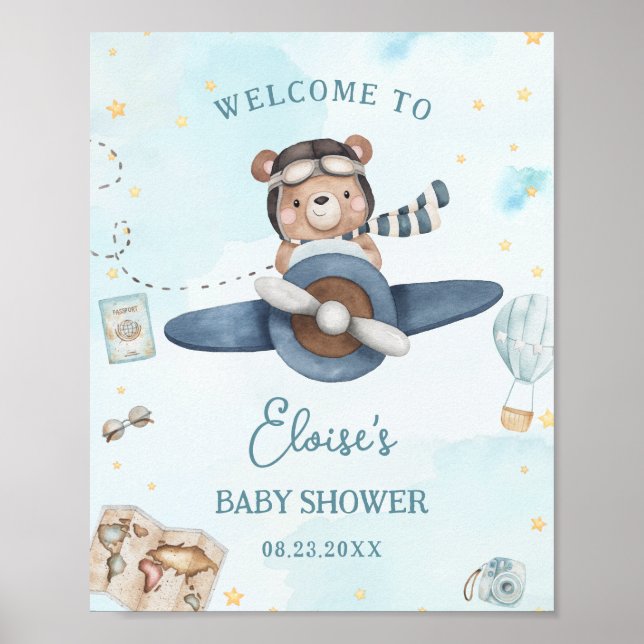 Adventure Cute Bear Blue Plane Boy Baby Shower Poster (Vorne)