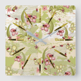 Adventure Ditsy Ladybirds Square Wall Clock Quadratische Wanduhr