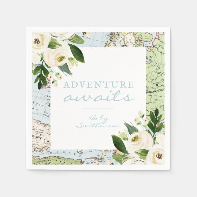 Adventure erwartet Baby Shower Floral Map Benutzer Serviette (Vorderseite)