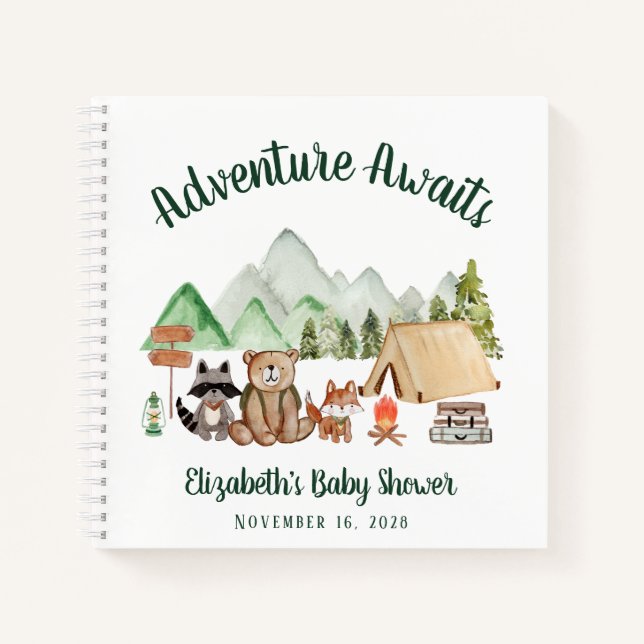Adventure erwartet Camping Baby Shower Gästebuch Notizbuch (Vorderseite)