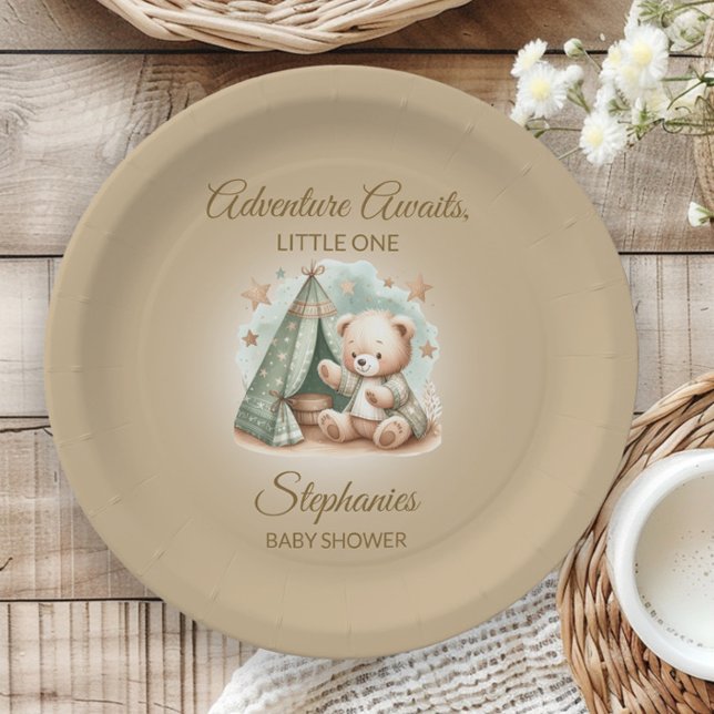Adventure erwartet Gender Neutral Bear Baby Pappteller (Teddy bear "Adventure Awaits" baby shower paper plate)