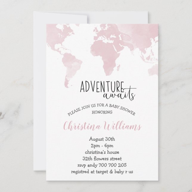 Adventure erwartet Pink World Map Girl Baby Shower Einladung (Vorderseite)