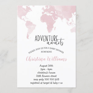 Adventure erwartet Pink World Map Girl Baby Shower Einladung