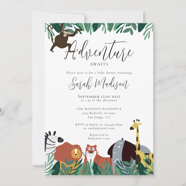 Adventure erwartet Safari Animals Baby Shower Einladung (Vorderseite)