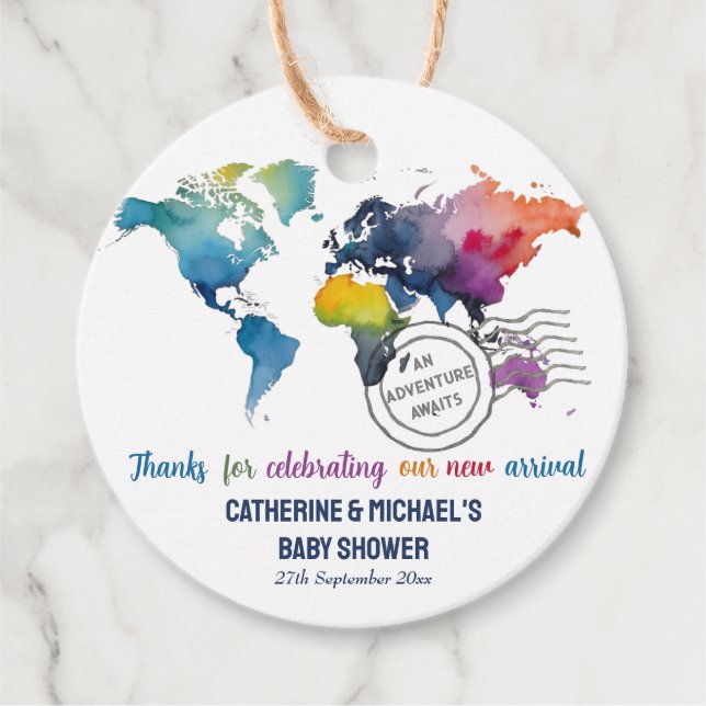Adventure erwartet World Map Travel Baby Shower Geschenkanhänger (Vorderseite)