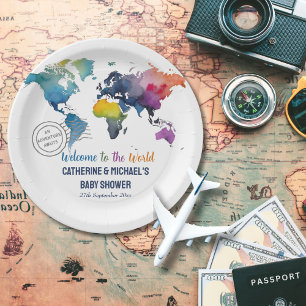 Adventure erwartet World Map Travel Baby Shower Pappteller