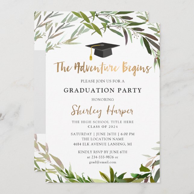 Adventure fängt Gold Script Greenery Abschluss an Einladung (Vorne/Hinten)