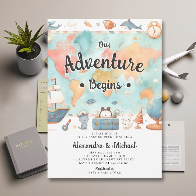 Adventure fängt Map Paare Neutral Baby Shower an Einladung (our adventure begins baby shower invitation gender neutral cute world map watercolor cute adorable)